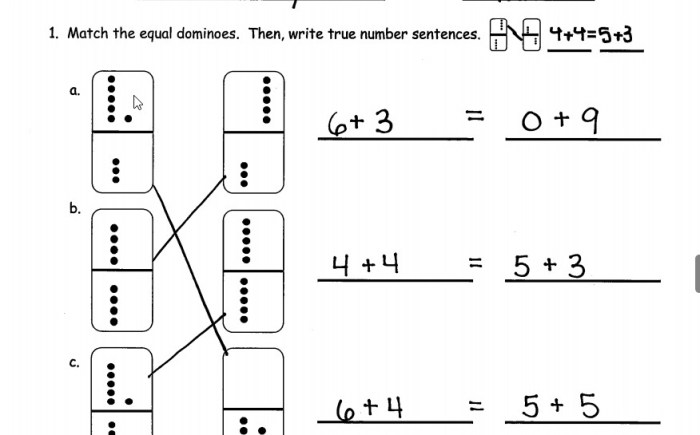 Match the equal dominoes then write true number sentences